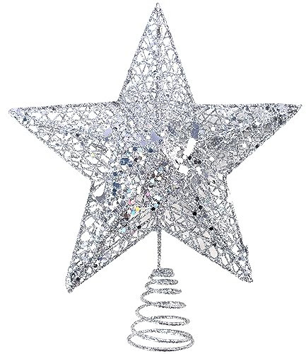 KEYIDO Silver Glitter Tree Star, Christmas Tree Topper, Large Metal Tree Top Star for Xmas Tree Topper Ornaments Christmas Home Decorations 10 Inch
