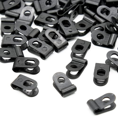 Suiwotin 200pcs Nylon Plastic Cable Clamps, 1/8 Inch (3.2mm) Screw Mounting R Type Wires Cord Clip, Cord Fastener Clamp for Wire Management (Black)