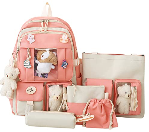 OKESYO Kawaii Rucksack mit Niedlich Anhänger Zubehör 5 Teiliges Set, Große Harajuku Segeltuch Schulranzen Trendy Schultasche College Reise Dame Abzeichen Rucksack Schüler Büchertasche(Rosa)