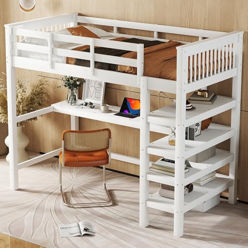 KecDuey Cama alta con somier de láminas de madera, con escaleras, estantes y escritorio bajo la cama (blanco, 90 x 200 cm)