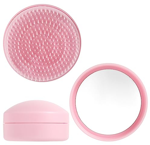 Doygim Haarbürste mit Reise Spiegel Runde Mini Taschenbürste Reisehaarbürste Haarbürsten Entwirrbürste Detangler Brush Haarkamm Klein Haar Massagebürste für Männer Frauen Mädchen Kinder Rosa