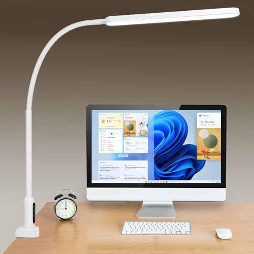 Lampada da Scrivania a LED, 1400LM Lampada da Tavolo con Morsetto a - Collo di Cigno, 11 Livelli di Luminosità X 5 Modalità di illuminazione Dimmerabile, Protezione degli Occhi, Funzione di Memoria