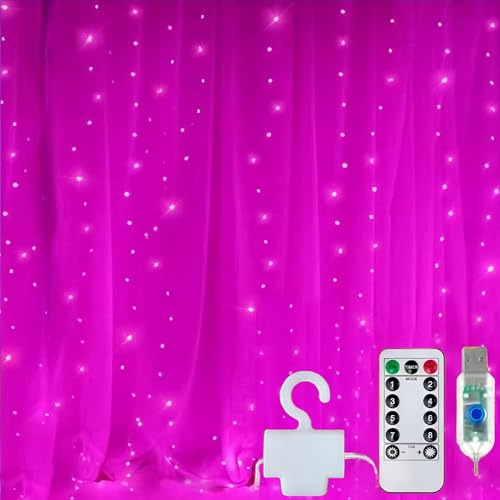 Clearhill Guirlande Rideau 3x3,300 LED Rose,8 Modes,Lumière Suspendue Féerique avec Télécommande et Minuterie,Alimentée par USB,Étanche pour Décoration Intérieure/Extérieure - Chambre,Mariage,Fête