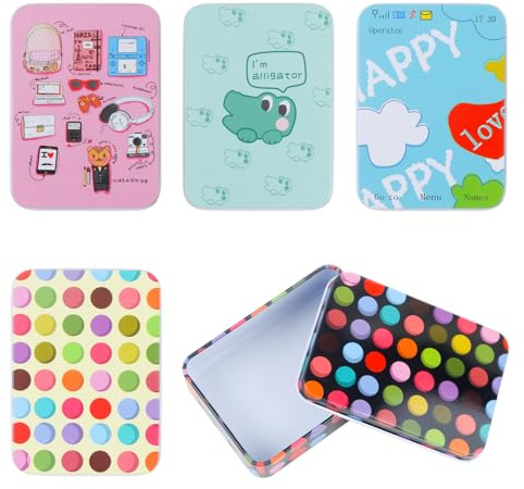 ASUNFO 5 Pcs Small Tin Box with Lids Metal Rectangle DecorativeTins Cute