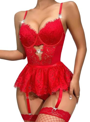 Metsitlife Women Lingerie Set Sexy Eyelash Lace Bodysuit with Garter Belt Removeable Skirt Teddy Babydoll Lingerie Red XL