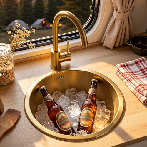 KOOGIMDDR Évier de cuisine rond 32 cm doré – Mini évier encastrable en acier inoxydable avec bonde dorée et siphon inclus – pour petite cuisine, camping-car, bureau, food truck – Cuve unique design