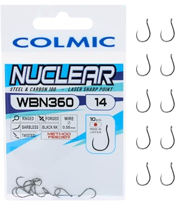 Colmic - Lot de 10 hameçons de pêche en Acier Carbone WBN360 Taille 14, Finition Noir Nickel, Haute résistance et pénétration, hameçons sans ardillon, méthode Feeder - Produit Officiel Colmic