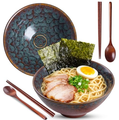 Umllpet Juego de 2 cuencos ramen de cerámica, 1200 ml, juego de cuencos con palillos y cucharas, cuenco grande para ramen, sopa de pasta, ensalada de frutas, cola de pavo real