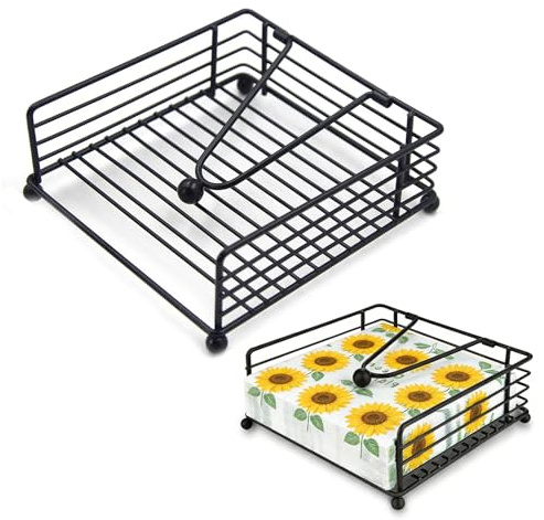 2 Stück Quadratischer Serviettenhalter Schwarz, Metal Serviettenständer mit Beschwerter Stange Serviettenspender Napkin Holder Servietten Halterung für Outdoor Küche Restaurant Bar