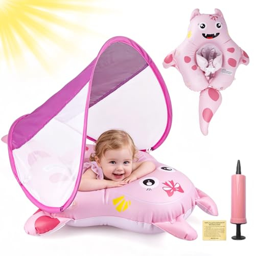 YYSWSAKY Flotador Bebe con Sombrilla, Protección UV UPF 50+, Anillo de Natación Inflable Bebé con Asiento Seguridad y Bola de Equilibrio Antivuelco, Flotadores de Piscina para Bebes 10-36 Meses (Rosa)