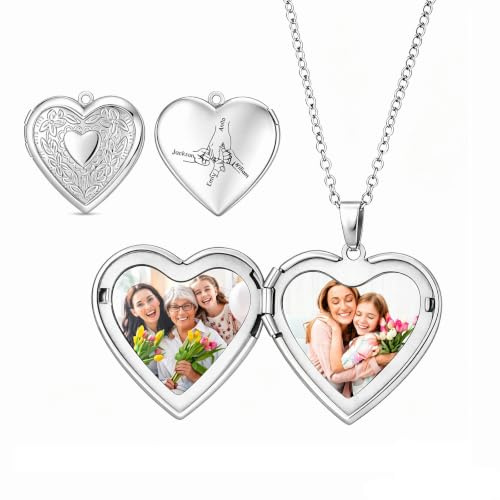 Gaosh Personalised Locket Photo Necklace for Women – Heart Necklace Engraved with Name Picture for Mum Grandma, Gift for Mothers Day, Christmas (A-Silver)