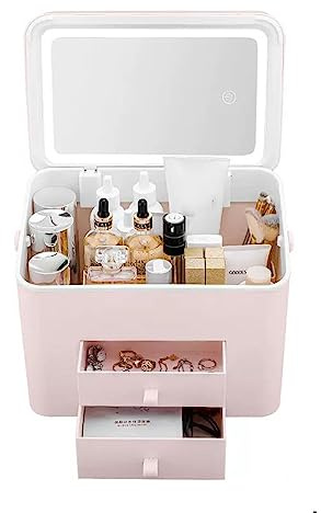 hongchenke34 Sminkorganiserare, bärbar makeupförvaring, organiseringslåda med avtagbar LED-spegel, kosmetikväska med 2 lådor och överdrag, för sovrum, sminkbord, byrå (rosa)