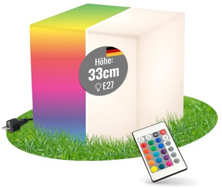 8 seasons design LED Würfel 33 cm, Shining Cube (Weiß) E27-Fassung, RGB Farbwechsel, dimmbar, mit Fernbedienung – Leuchtwürfel für außen (Garten, Terrasse, Balkon) und innen - Beistelltisch, Hocker