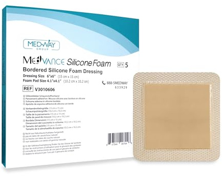 MedVanceTM Pansement adhésif en silicone avec bordure en silicone, taille 15 cm x 15 cm (tampon pavé de 10 cm x 10 cm), boîte de 5 pansements