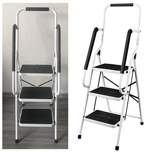 Escabeau 3 marches avec rampe de sécurité pliable en acier mat et résistant