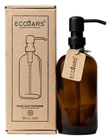 Amber Glass Jar Soap Dispenser with Black Stainless Steel Dispenser, BPA Free, Eco Friendly, 500ml, Housewarming Gift Box