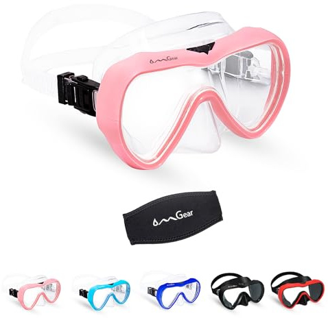 OMGear Diving Mask Snorkeling Gear Kids Adult Snorkel Mask Dive Goggles Silicone Swim Glasses with Nose Cover for Scuba Free Diving Spearfishing Neoprene Strap Cover Impact Resistance (Pink)