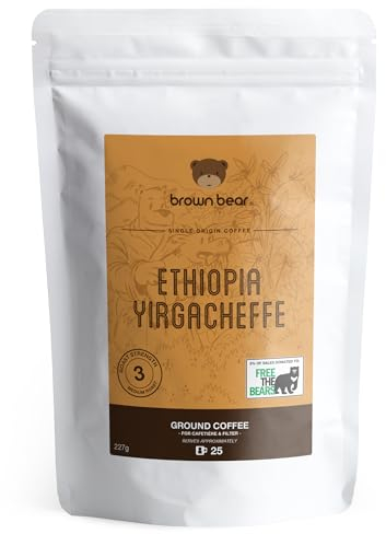Ethiopia Yirgacheffe Ground Coffee 227g - For French Press Cafetiere Filter Drip V60 Aeropress - Medium Roast - Strength 3 - Brown Bear Ethiopian Coffee - Donation to Free The Bears