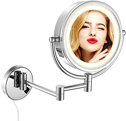 DOWRY Wand Kosmetikspiegel mit Beleuchtung 5X Vergrößerungsspiegel für Bad 360° Schwenkbar Einziehbar Doppelseitiger Spiegel Silber,Durchmesser 8 Zoll