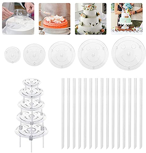 Lostwry Tortenständer Tortenplatte, 5 Kuchenbasis Kuchenstützen mit 15 Stück Kunststoff Dübelstangen Wiederverwendbar Tortenstützen für Hochzeit Party Geburtstag Kuchen (9/12/16/20/26cm)