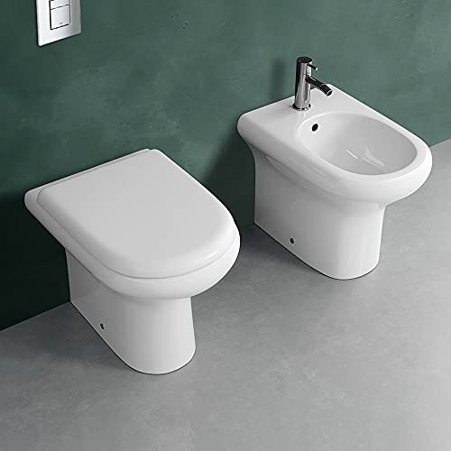Inbagno Sanitari Bagno Filo Muro a Terra, in Ceramica Bianca Serie Compact, Coprivaso Avvolgente Incluso