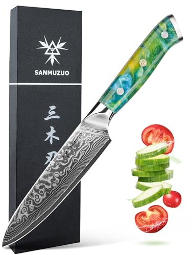SANMUZUO Coltello Universale Damasco Professionale - Coltello da Cucina 13 cm, Coltelli Universali di Acciaio Damasco da 67 Strati- Impugnatura Ergonomica Resina - Xuan Series(Verde Giada)