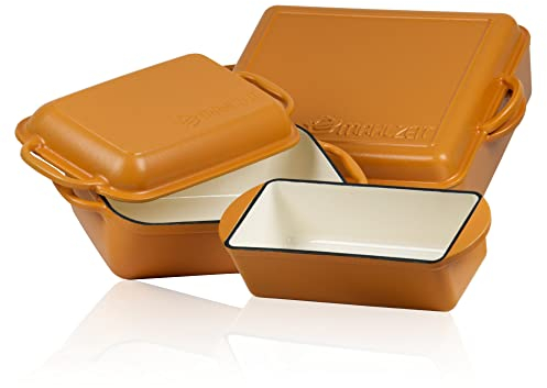 Mahlzeit Bräterset 3-teilig | 10,8 Liter, 4,8 Liter, 1,6 Liter | mit Gusseisen Bräter und Auflaufform | Bratentopfset emailliert, Kochset | Schmortopfset, Gusseisenset, Topfset (Sunny Orange)