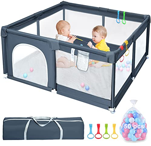 Laufstall Baby, Sentasi Laufgitter Baby Faltbar Für Drinnen und Draußen, Baby Laufstall Mit 50 Bällen & Tragetasche, Baby Playpen Mit Atmungsaktivem Netz und Reißverschluss