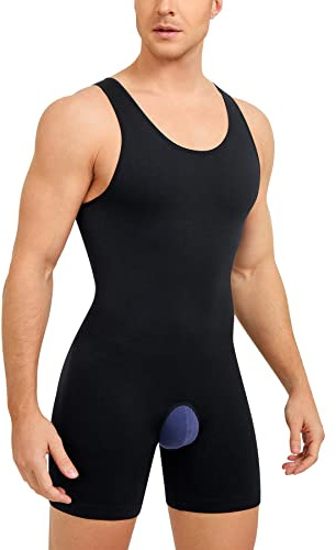 SOLYCSX Mens Sleeveless Full Body Shaper Underwear Slimming Compression Bodysuit Shapewear Tummy Control Fajas Para Hombres (Black, M-L)