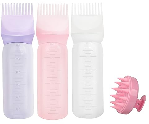 3pcs Root Comb Applicator Bottle with 1pc Scalp Massage Brush, Massage Comb, Hair Coloring Brush Bottle with Graduation, Hair Coloring Set, Salon Tools