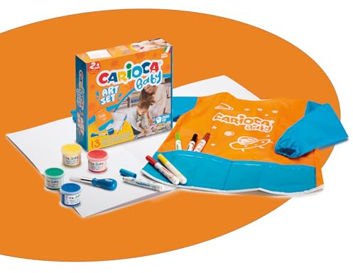 Carioca Scatola da gioco per bambini 2+ | Set di 12 prodotti per bambini + 1 foglio di carta 70 x 45 cm | Include pennarelli, tempera, pennello, grembiule e foglio di carta | 13 pezzi