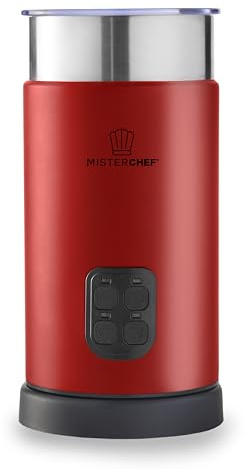 MisterChef Large 500W Automatic Milk Frother & Warmer – 4 Modes Hot & Cold Milk Frothing – 300ml Heating / 150ml Frothing Capacity – Silent Operation – Extra Whisks – Chrome Red