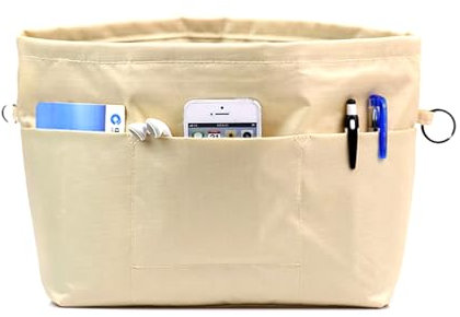 TuToing Taschenorganizer, Handtaschen Organizer Nylon, Innentasche für Handtaschen mit Schlüsselbun für Bewahren Sie Kopfhörer, Kosmetika, Datenkabel, Geldbörse, Regenschirm, Beige