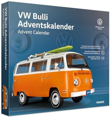 FRANZIS 67223 - VW Bulli Adventskalender inkl. Metall-Modellauto im Maßstab 1:43, Soundmodul mit original VW Bulli T2 Klang und großformatigem Begleitbuch