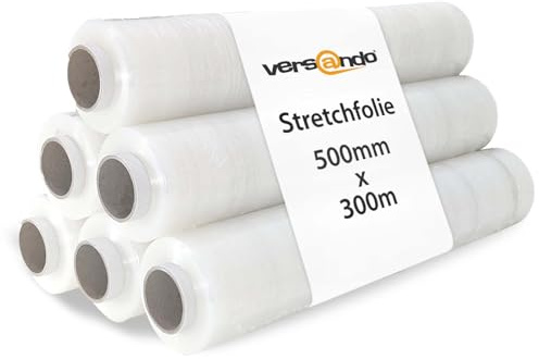 versando Lot de 6 rouleaux de film étirable - 500 mm x 300 m - Transparent - Indéchirable - Facile à dérouler - Film étirable à la main - 17 microns
