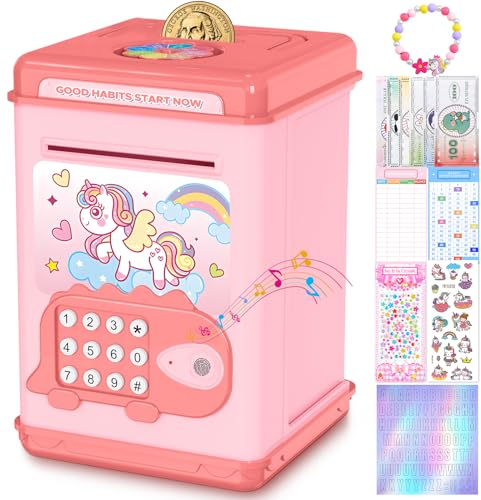 TCJJ Unicorn Piggy Banks for Kids,Money Box for Girl with Password & Fingerprint Unlocking,4 Stickers & Unicorn Bracelet&Accounting Sheet,Girls Unicorn Gifts for Birthday,Christmas