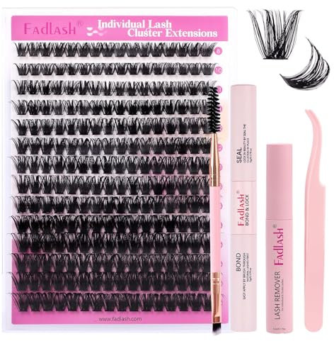 Fadlash Eyelash Extension Kit 0.07 D 8-16mm 100D Wispy Lashes Cluster Lashes Glue Bond And Seal With Tweezers&Eyebrow Brush Eyelash And Lash Adhesive Remover DIY At Home