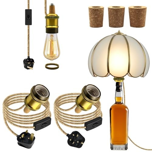 DIY Bottle Lamp Kits, 2Pcs Lamp Kits for Do It Yourself, 8Ft Gold Bottle Lamp Adaptor Kit E27 Light Bulb Holder Brass Wine Bottle Table Lamp, Rope Lights with Ceramic Lamp Socket, 3 Types of Bung
