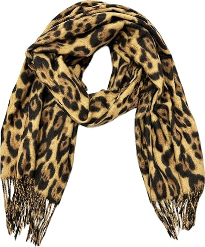 J26 XXL Leopard sciarpa autunno inverno sciarpa stola sciarpa transizione sciarpa cotone con frange Leo, Marrone, 190 x 68 cm