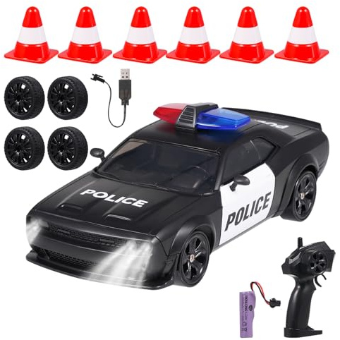 Hylukon 1:24 Scale Remote Control Car Toy for Teens, 4WD Drift Police Car with LED Lights Drifting Tire Racing Sport Toy for Teens Birthday Gift
