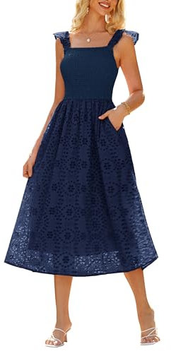 GRACE KARIN Damen MidiKleid Sommer Freizeit Square Neck Hohe Taille Tunika Strandkleid M Dunkelblau