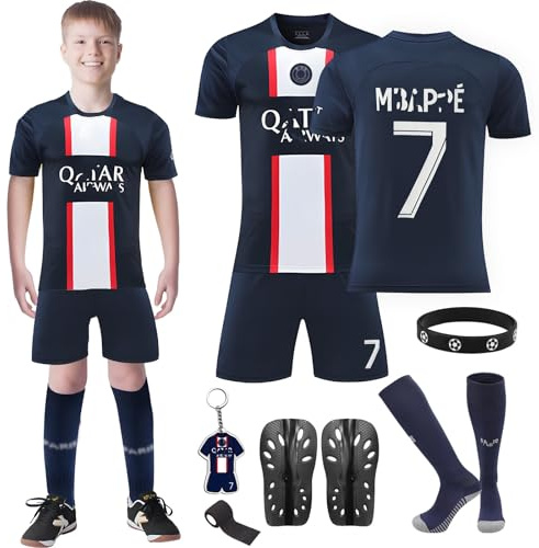 Football Kit Kids, Children Football Training T-Shirts Shorts Socks Guard Plate Keychain Accessories, Boys Girls Home Away Soccer Jerseys Football Fan Gifts for Kids