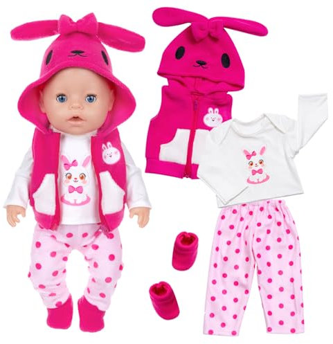 Puppenkleidung für 35-43 cm Baby Puppen, Rose Hase Baby Kleidung mit Bluse Weste Hose Socken, Puppenzubehör für 14-17 Zoll Neugeborene Baby Puppen Mädchen Geburtstag