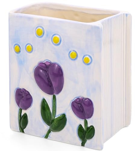 Busnos Stiftehalter Cute Buch-Blumenvase Pinselhalter Tulpen Schreibtischdeko Kawaii Geschenk für Frauen Geburtstag Pen Holder Lila Vasen Schreibtisch Stifte Organizer Aesthetic für Mädchen