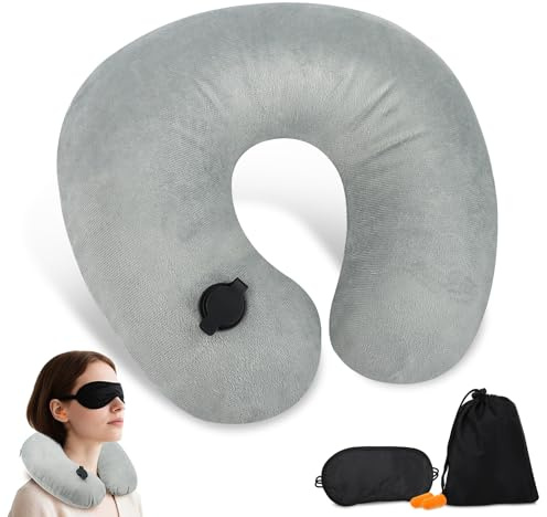 KILDOWS Almohada de Viaje Hinchable, Cojín de Viaje Cuello Inflable Almohada de Cuello Portátil con Antifaz para Dormir y Tapones Oídos y Bolsa de Almacenamiento para Avión Coche Tren Oficina