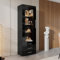 Merax Glasvitrine mit LED Beleuchtung, Vitrinenschrank Hochglanz Schwarz mit Türen und 3 Schubladen, 180cm Hochschrank, Bücherschrank Küchenschrank, Mehrzweckschrank für Wohnzimmer Schlafzimmer Büro