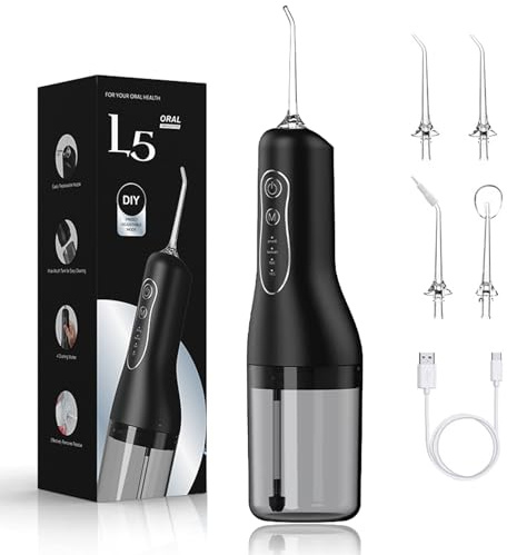 Water Flosser for Teeth Cordless - 260ML Oral Irrigator with 4 Modes & 4 Nozzles - Plaque & Tartar Remover for Teeth - IPX6 Waterproof Portable Dental Flosser for Home & Travel - Black
