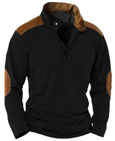 Generisch Sudadera de hombre para invierno con trabajo, suéter con botones a media altura, cuello de pie, cremallera media, cuello termico, bloque de color, manga larga, suéter casual, Negro , XL