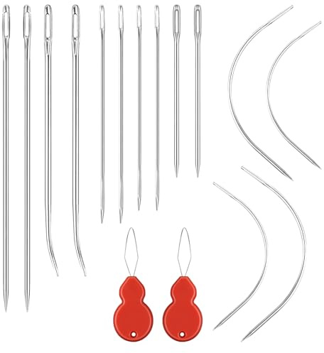 LIQWEI Leather Needles Hand Sewing, 14Pcs Heavy Duty Sewing Needle Set with 2Pcs Threaders, Curved & Triangular Needles for Upholstery, Leather, Canvas Repai