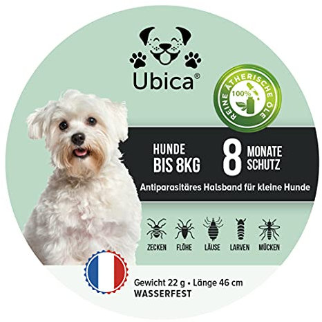 Ubica® Flohhalsband Hunde - Zeckenhalsband für Hunde - Flohmittel Hund (< 8kg) - Formel mit ätherischen Ölen (Zitronengras) -100% WASSERDICHT - 3 Zeckenklammern und EBOOK Gratis.
